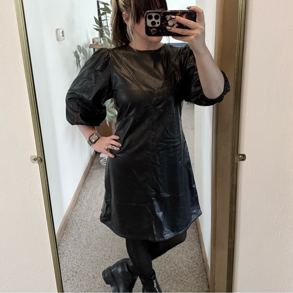 H&M Black Faux Leather Mini Dress with Puff Sleeves